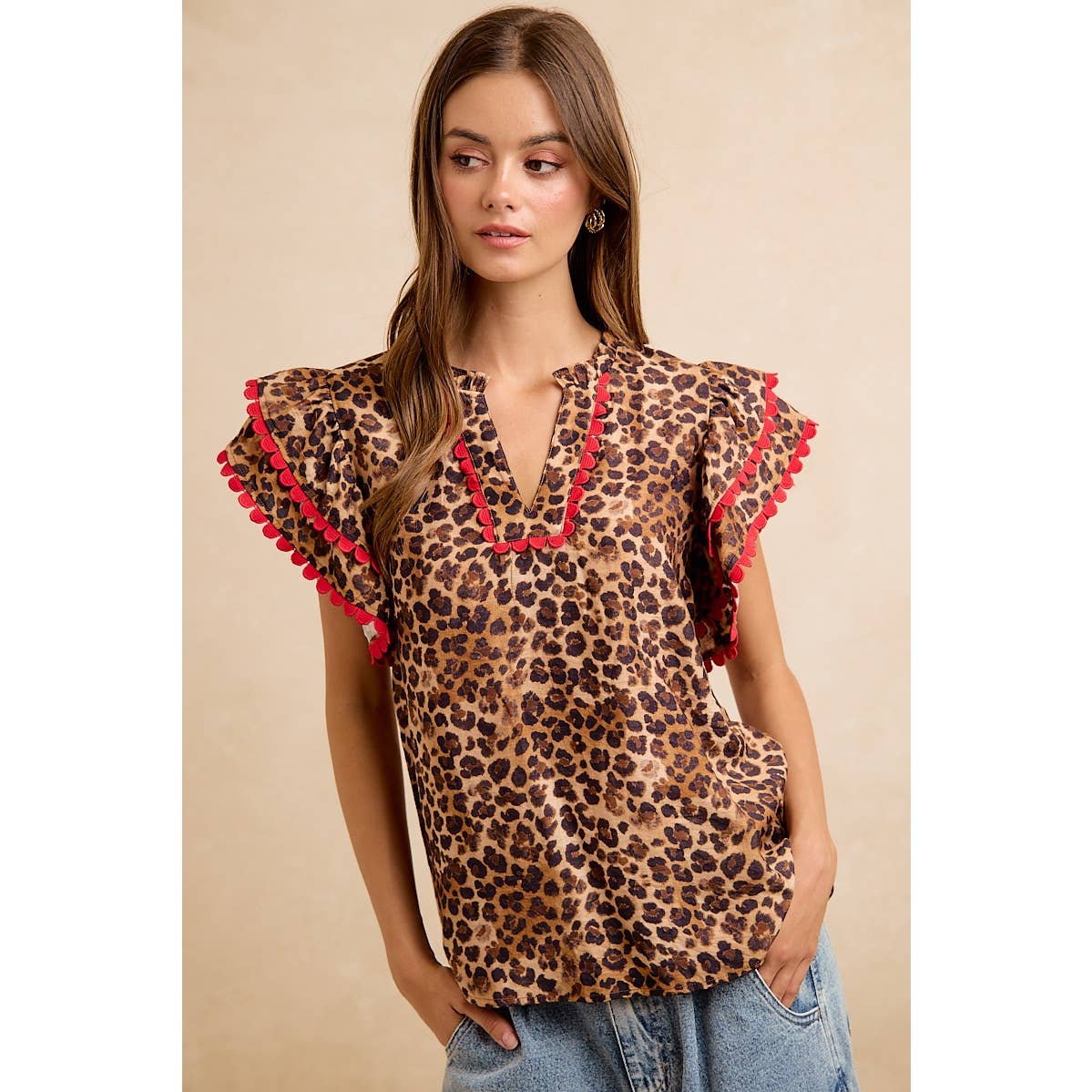 LEOPARD PRINTED WOVEN RIC RAC TRIM V NECK TOP