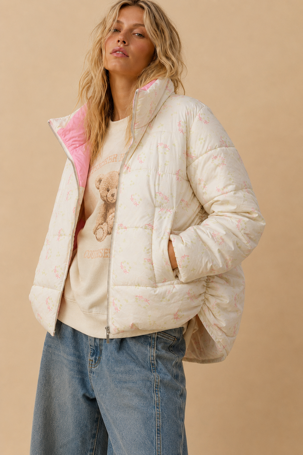 Bow Print Puffer Zipper Jacket