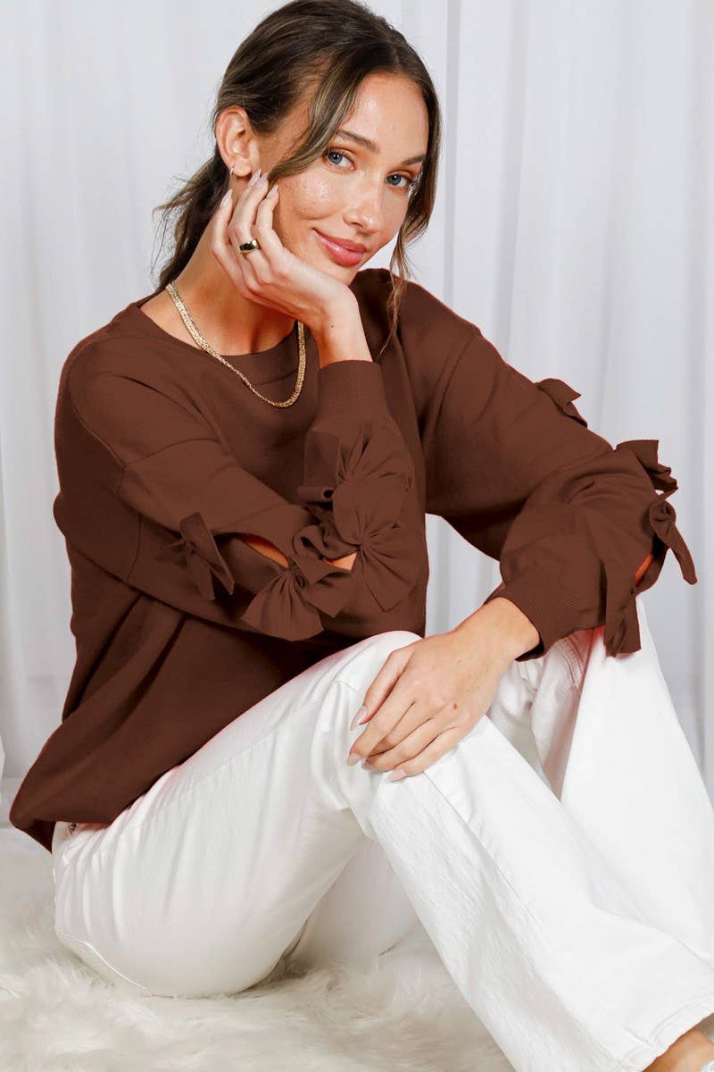 Bow Embellished Crew Neck Long-Sleeve Knit Sweater VT82605