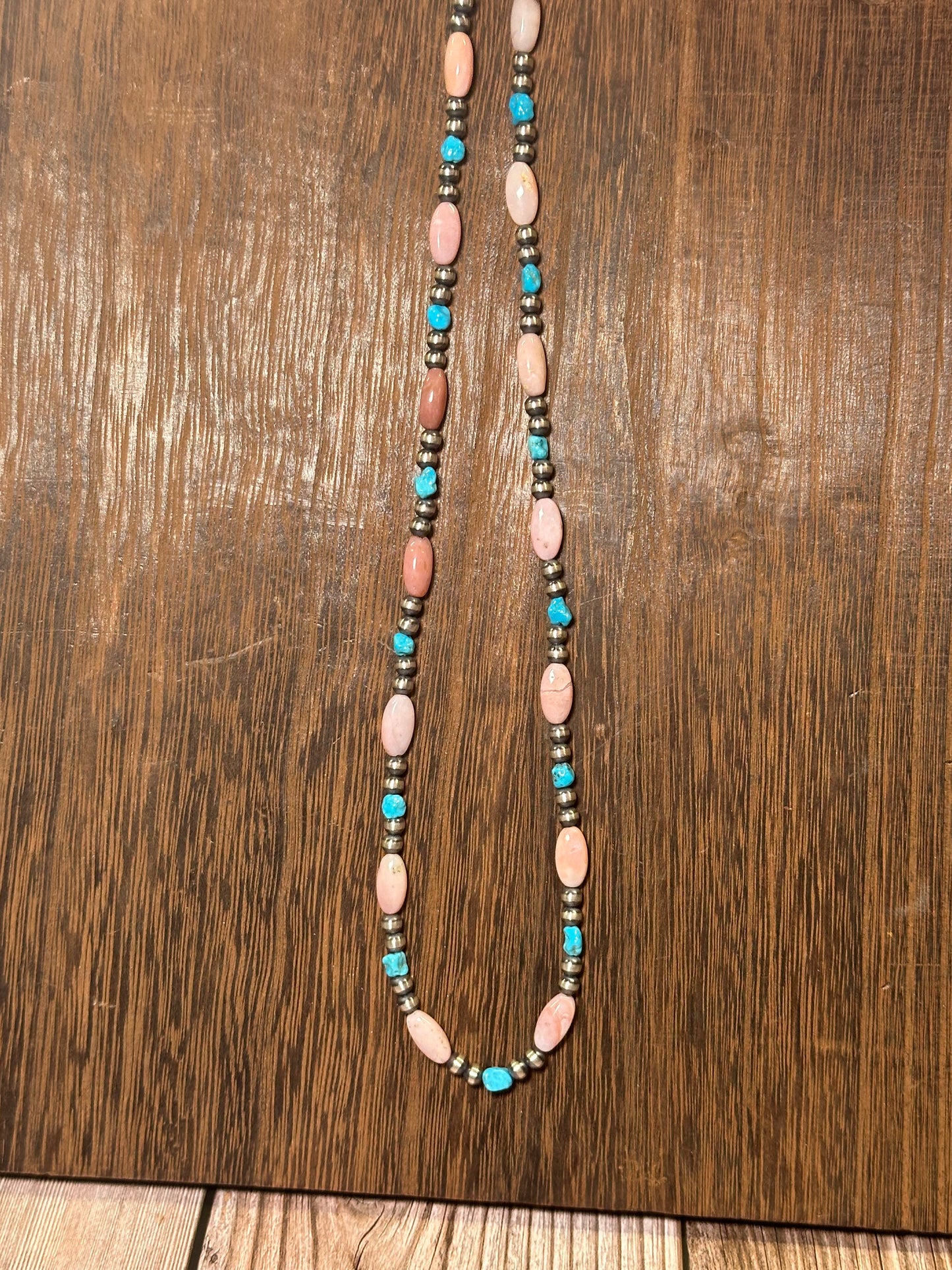 Navajo Sterling Silver Pearls with Kingman Turquoise and Pink Conch 20"