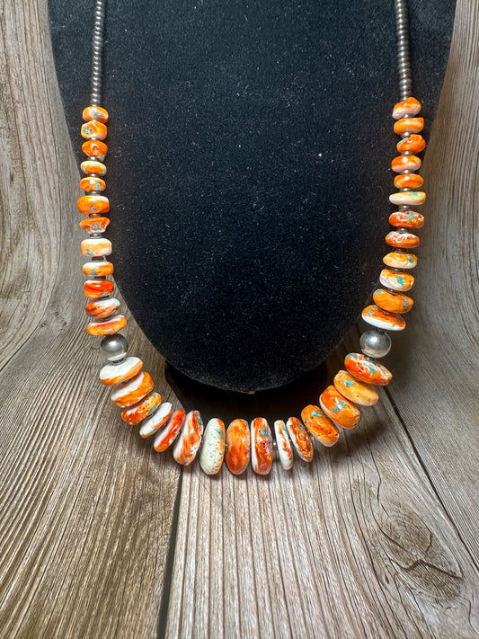 22 Inch orange spiny, turquoise and sterling silver pearls