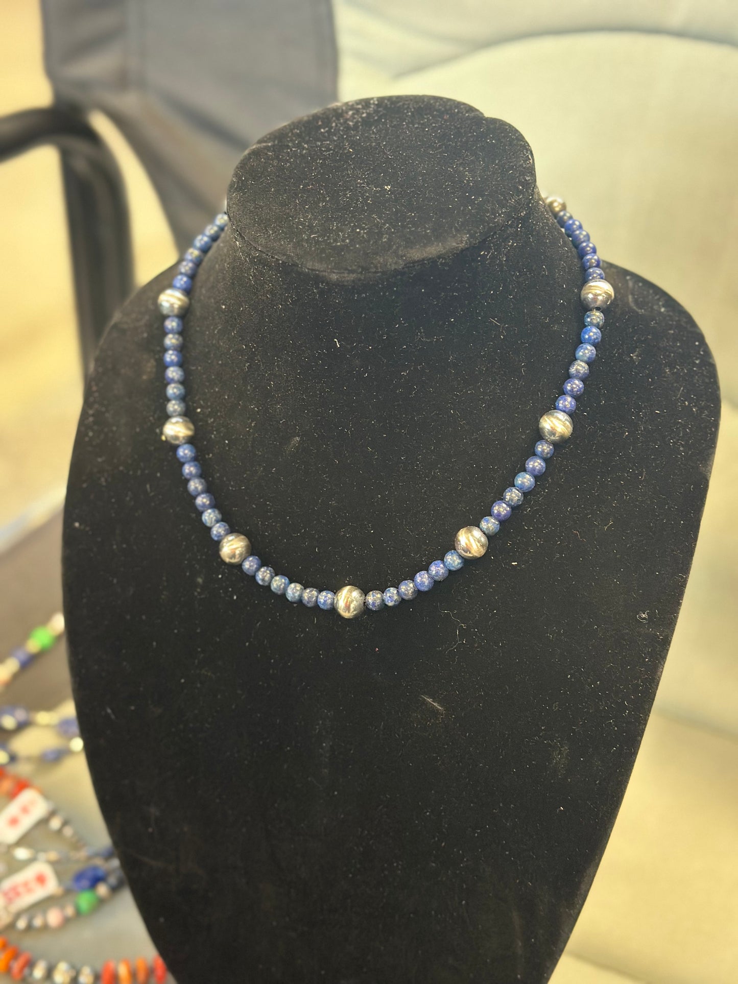 Blue lapis x 10mm pearl necklace