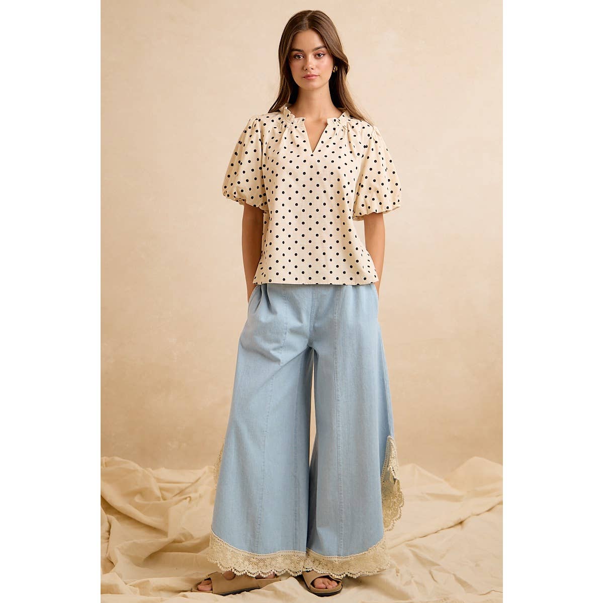 LINEN BLEND POLKA DOT PRINT BUBBLE SLEEVE BLOUSE TOP
