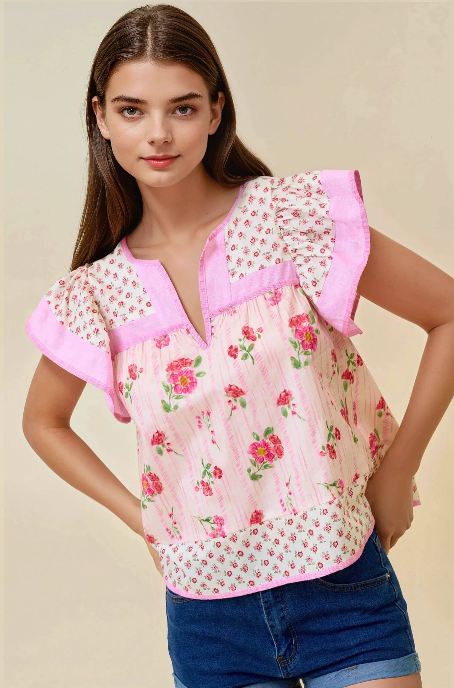 MIXED PRINT FLUTTER SLEEVE TOP - 45538T
