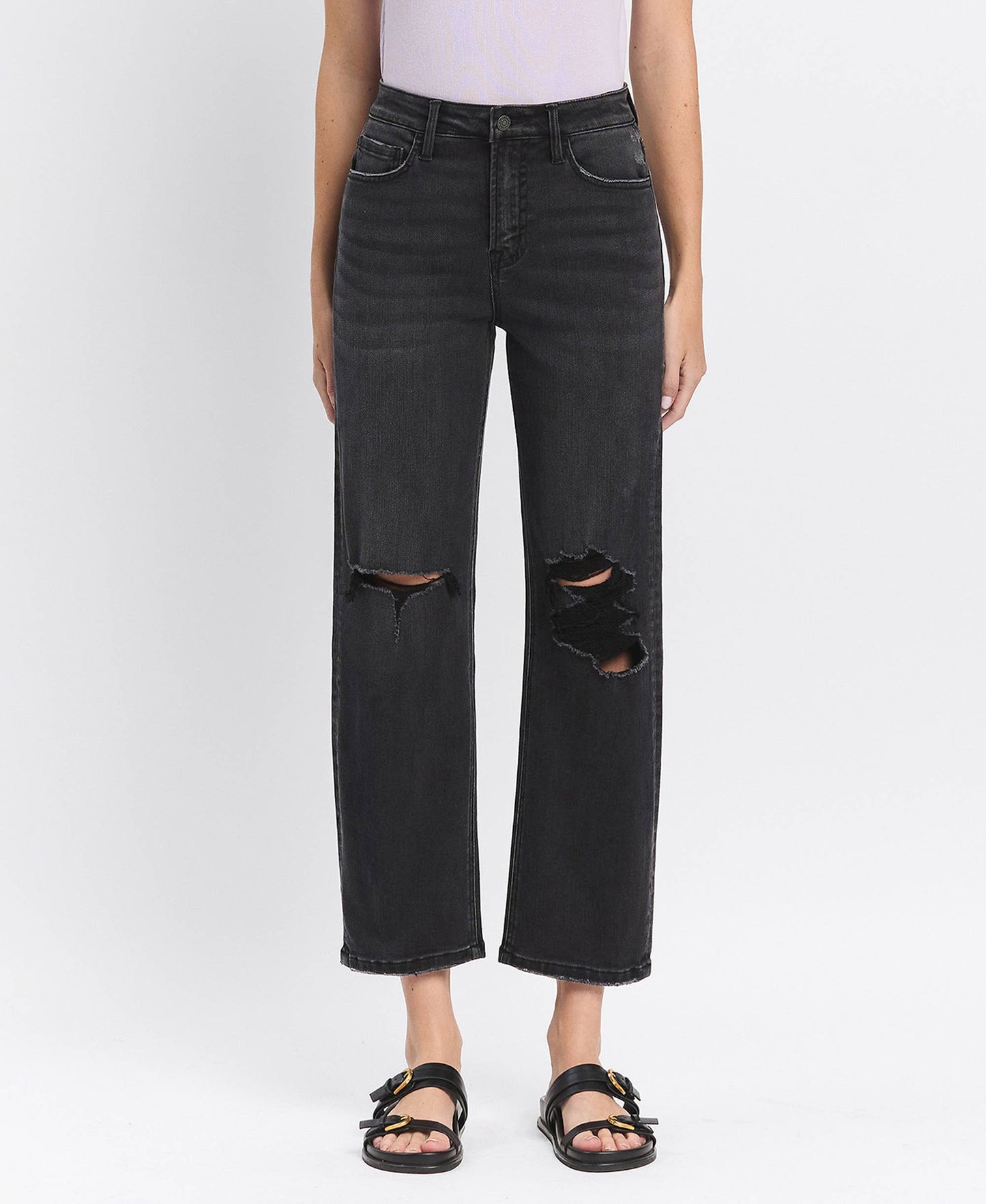 HIGH RISE DISTRESSED BLACK BARREL JEANS T6568