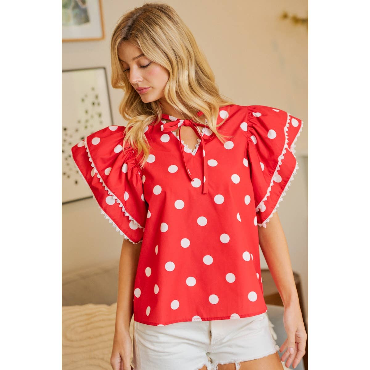 POLKA DOT PRINTED RUFFLE TRIM EDGE BLOUSE TOP