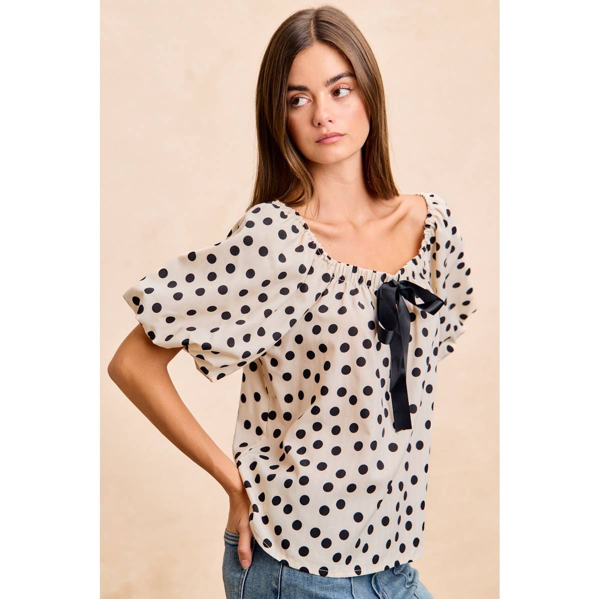 POLKA DOT BOW ELASTIC OPENING PUFF SLEEVES TOP