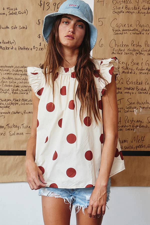 Ruffled Neck & Shoulder Polka Dot Blouse Top