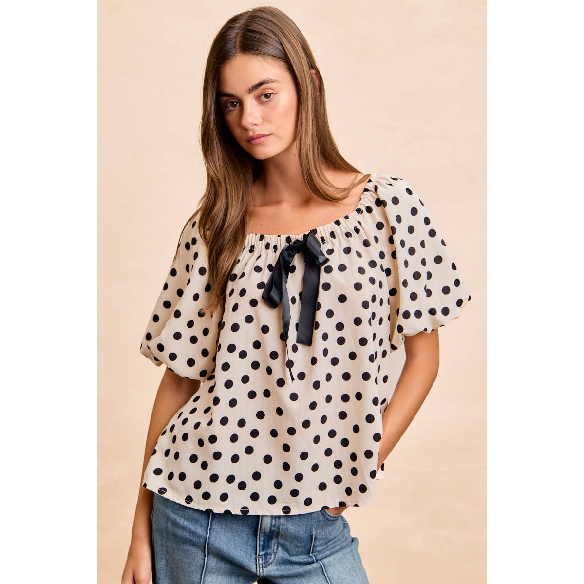 POLKA DOT BOW ELASTIC OPENING PUFF SLEEVES TOP