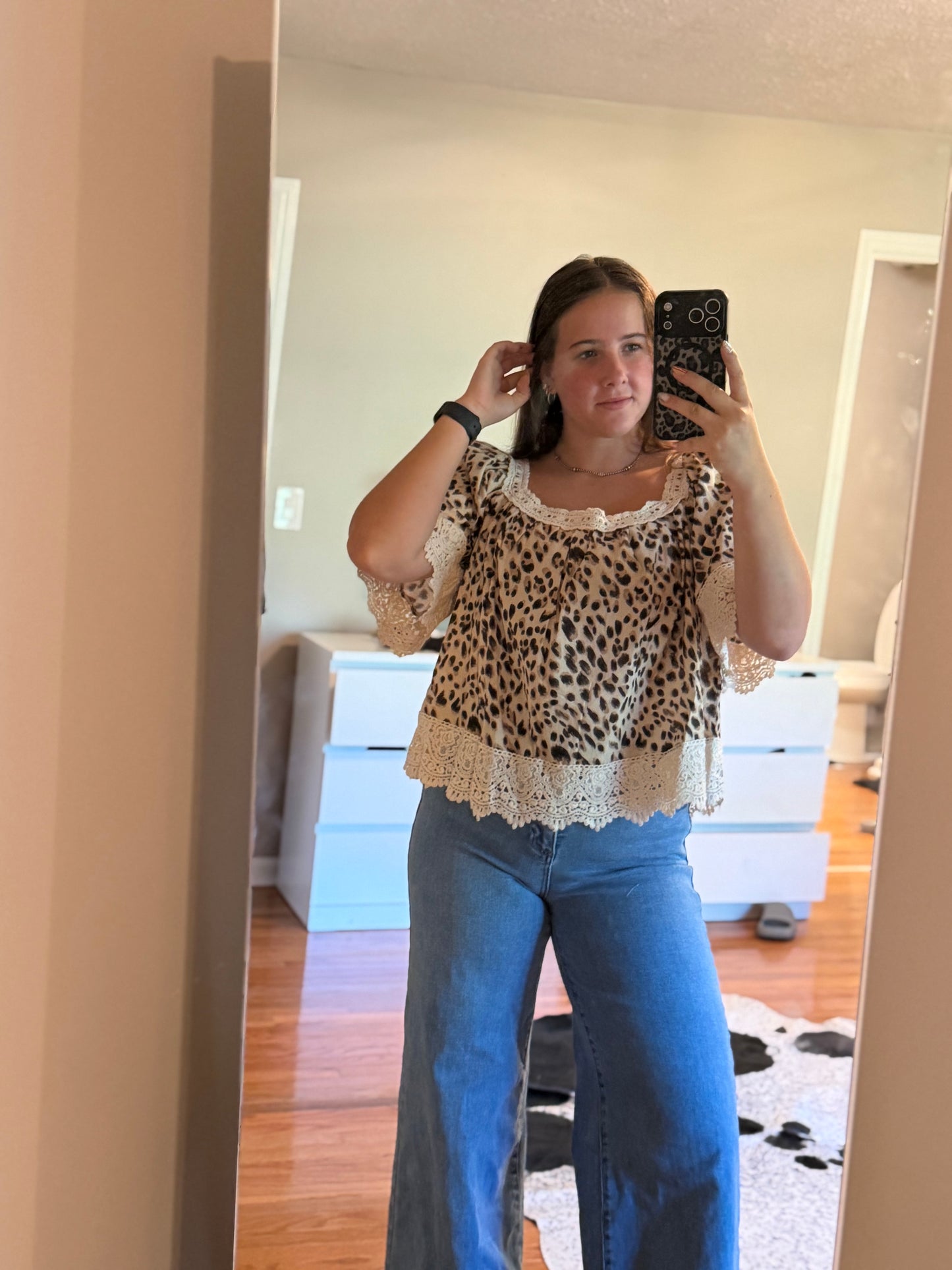 LEOPARD LACE MIX AND MATCH SQUARE NECKLINE TOP
