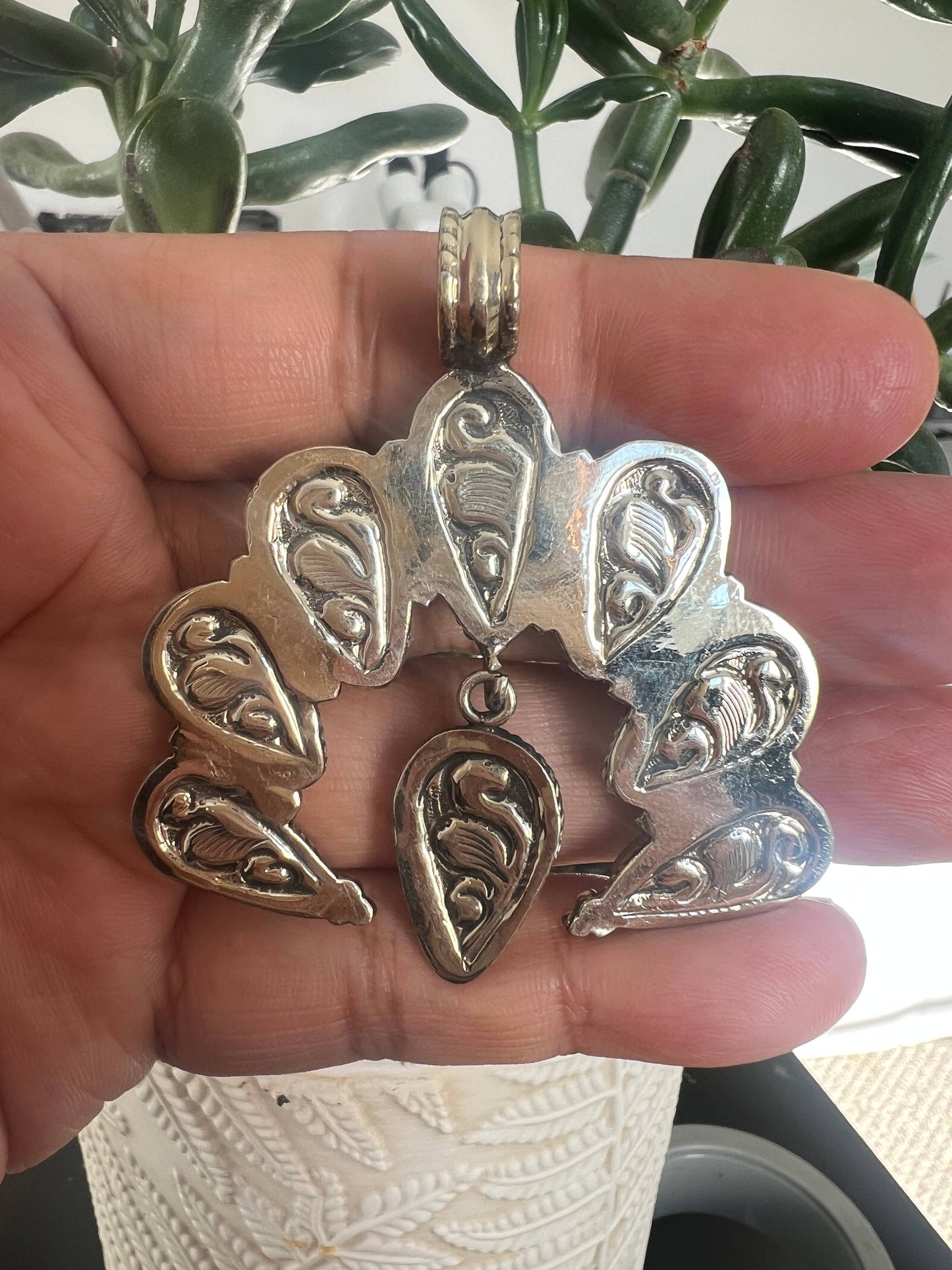 Natural Blue Turquoise Squash Blossom Pendant, Handcrafted