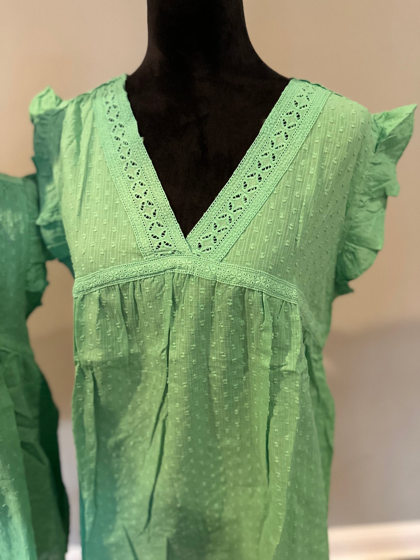 Green eyelet v neckline ruffle Swiss dot top