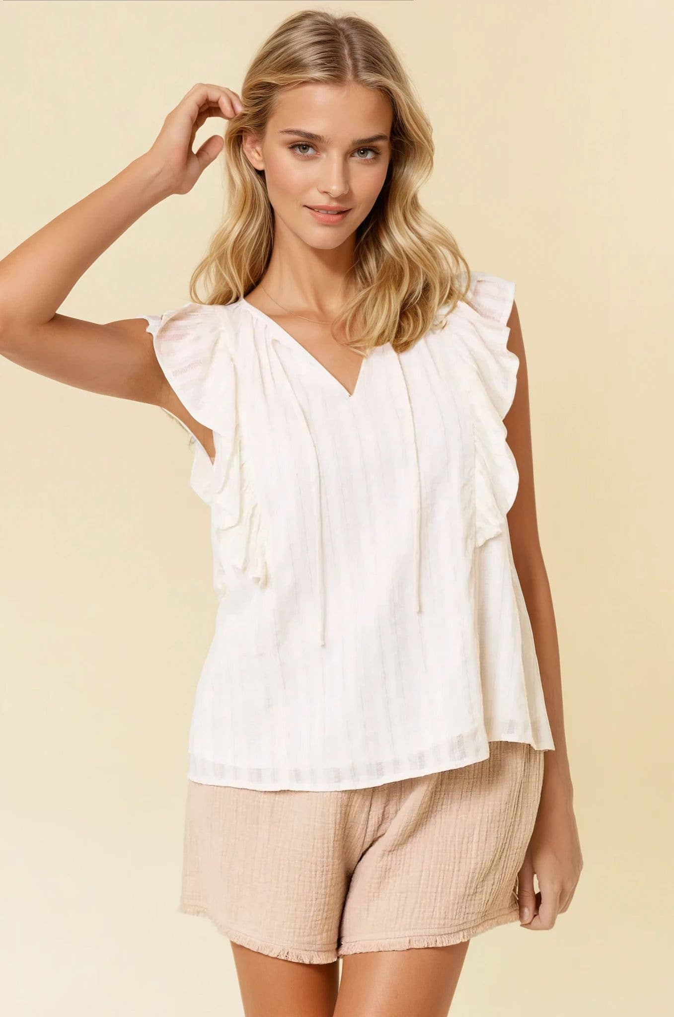 Lurex Striped Split V-Neck Sleeve Top - 44420T