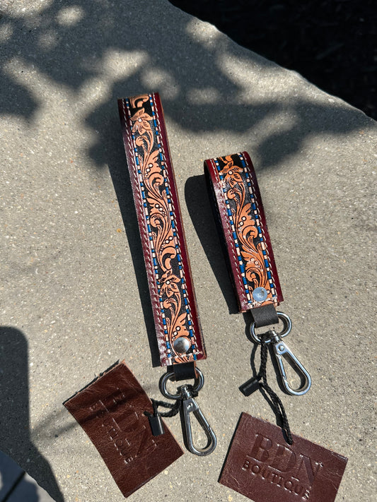 Tooled Leather Keychain - Burgundy/Blue/Floral Design
