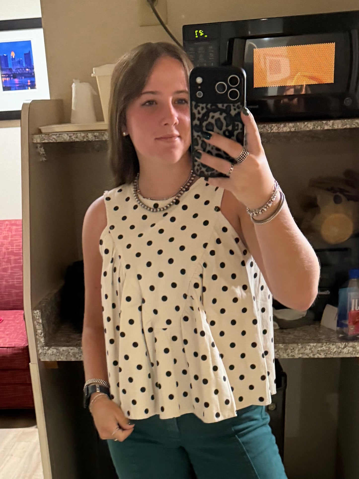 Polka Dot Cotton Twill Wash Shirred Tank Top