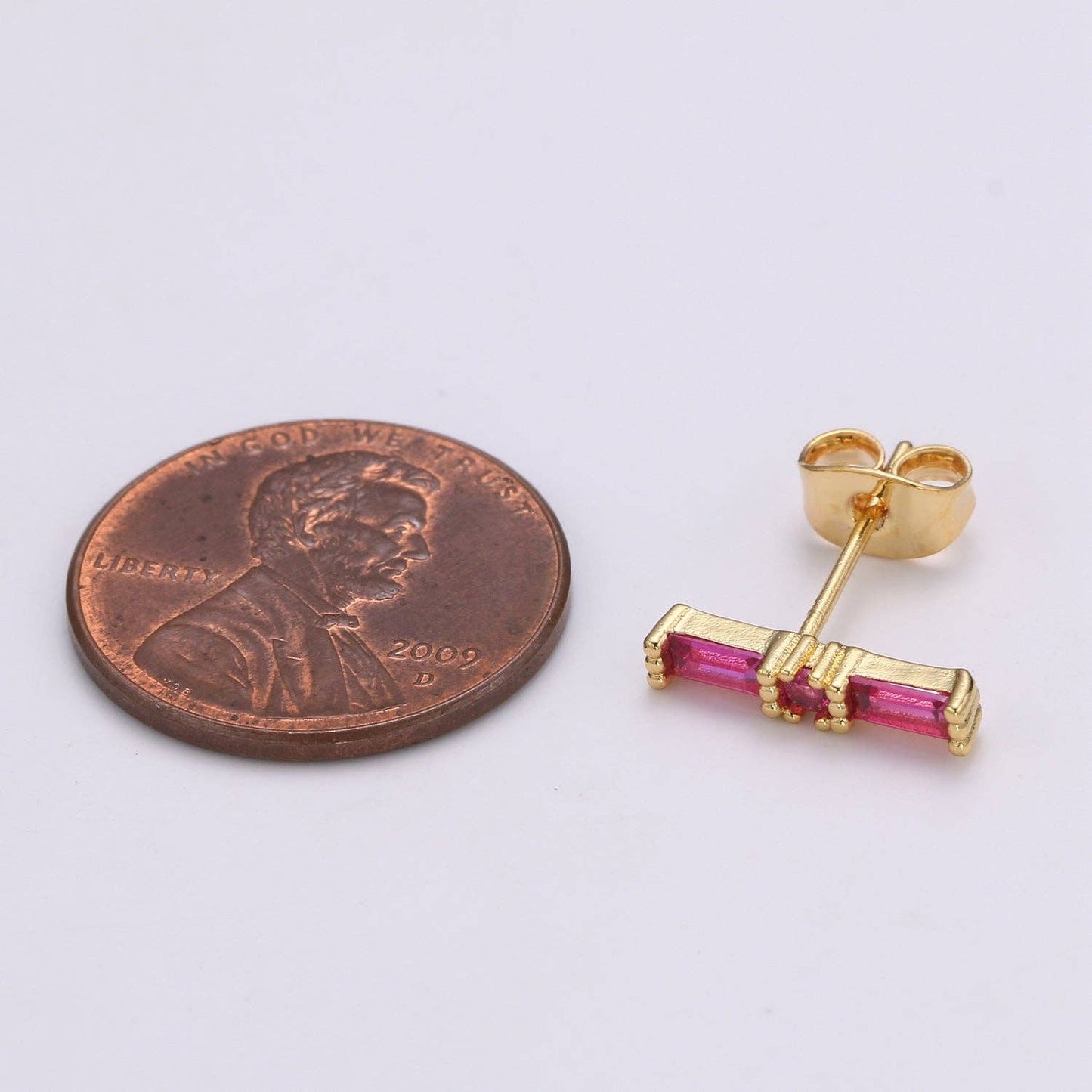 24K Gold Filled Blue / Fuchsia Baguette CZ Stud Earrings | Q498 Q499