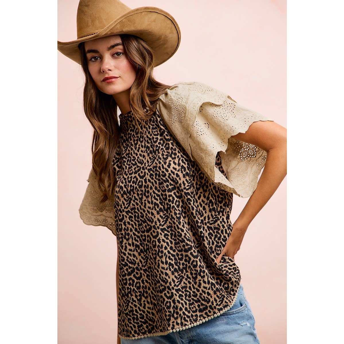 TEXTURED LEOPARD PRINTED LACE SLEEVE BLOUSE TOP