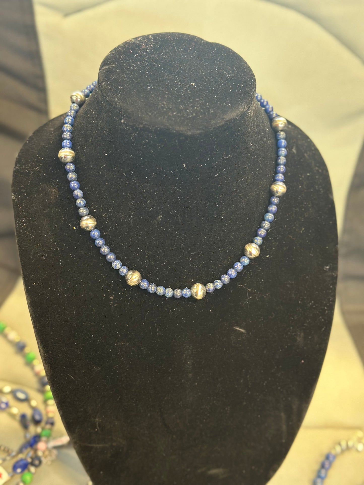 Blue lapis x 10mm pearl necklace
