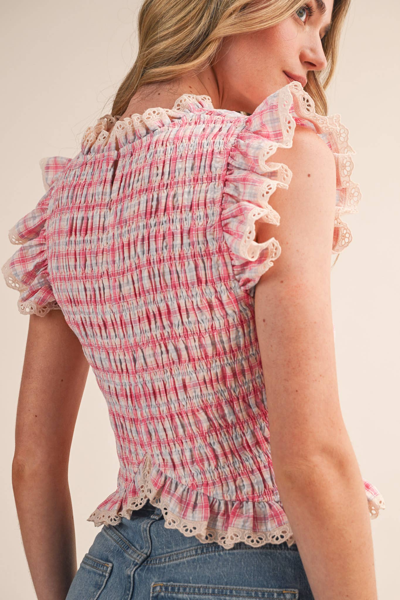 PLAID SMOCKED LACE TRIM TOP