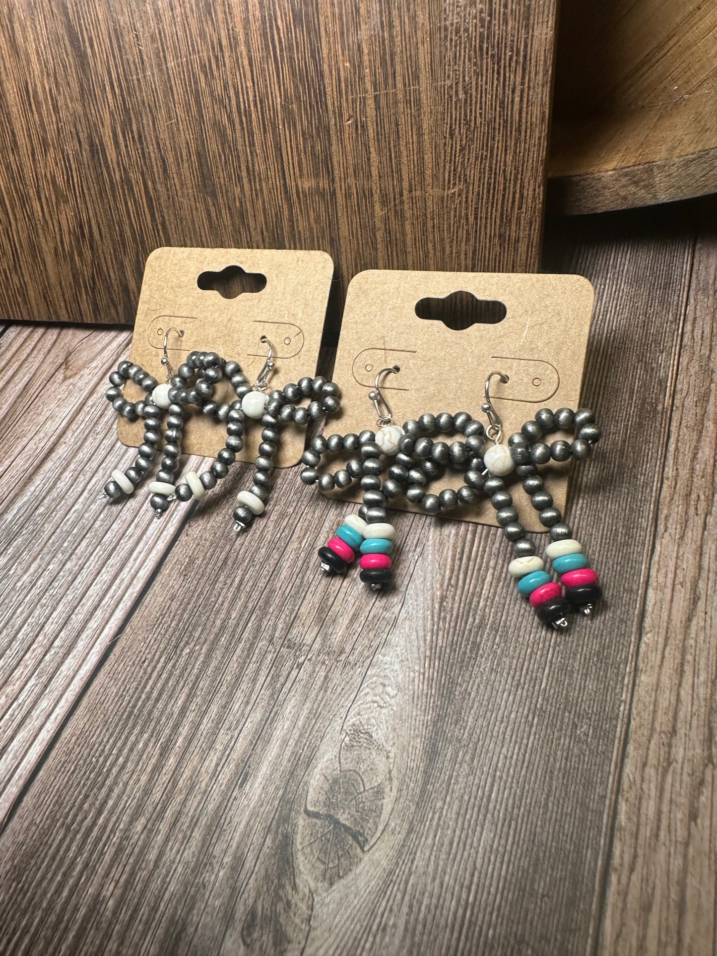 Navajo Style Pearl & Bead Bow Dangle Earrings