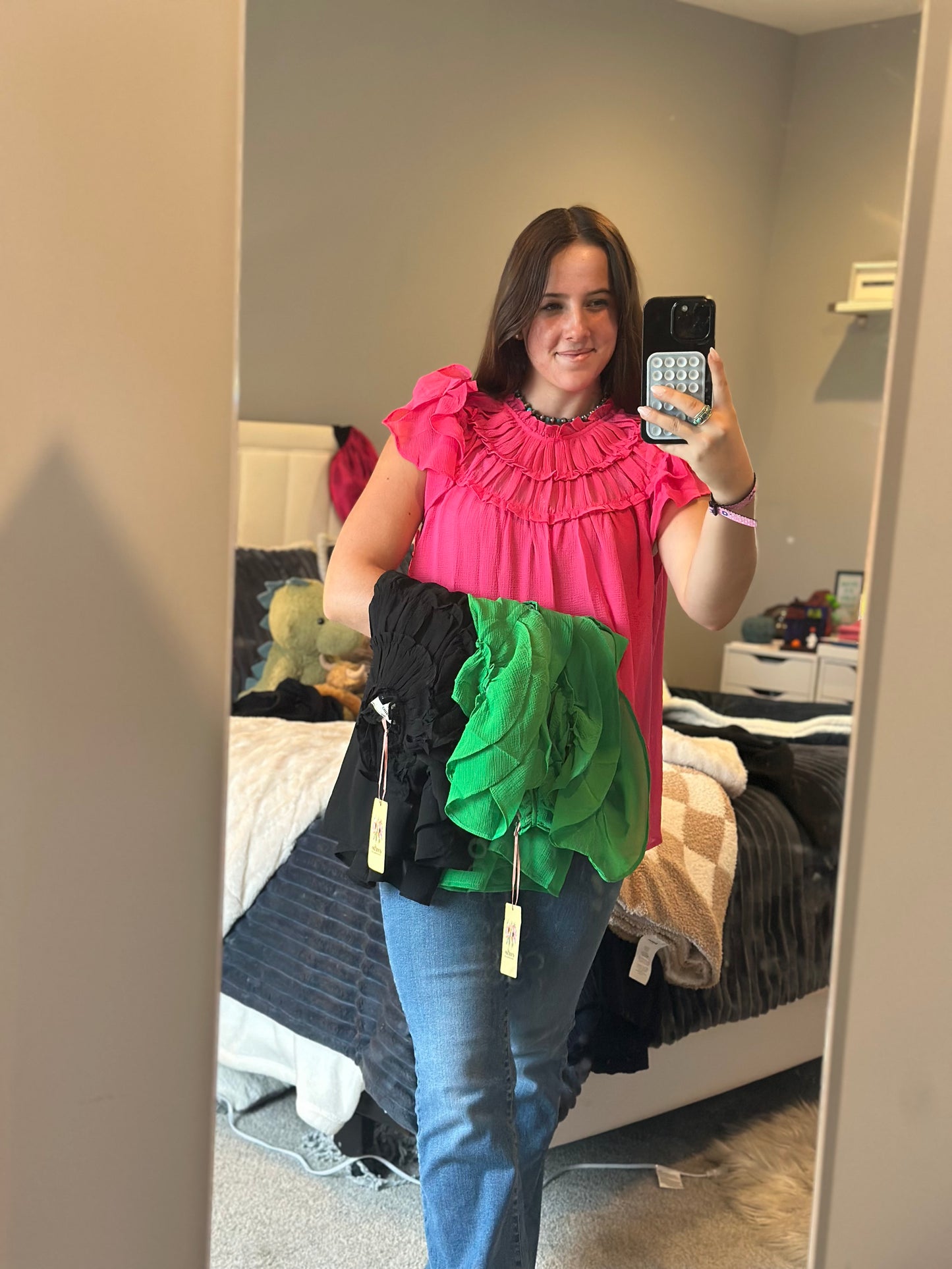 Solid chiffon mock-neck short sleeve top