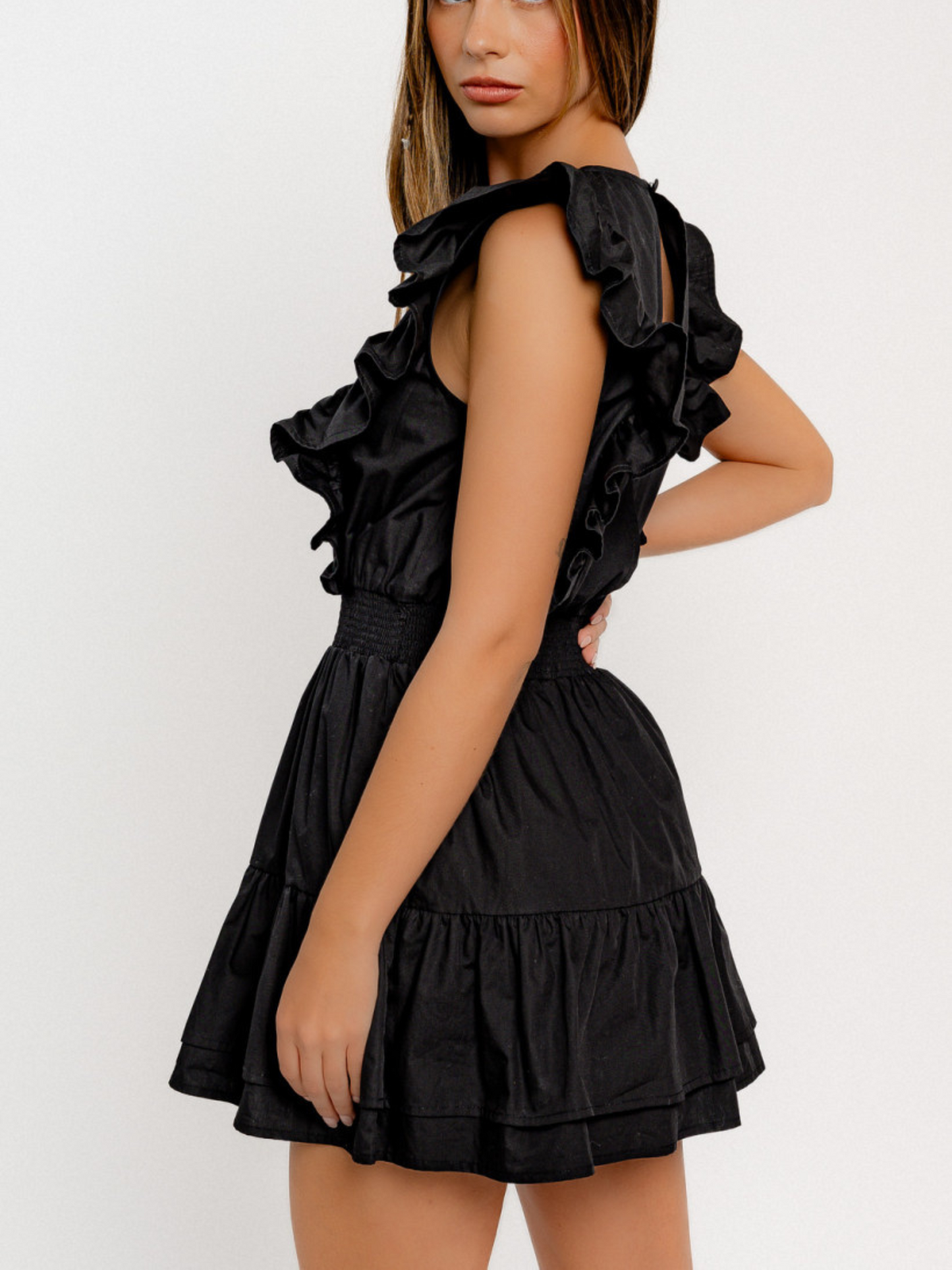 Round Neck Ruffle Sleeve Dress - Black