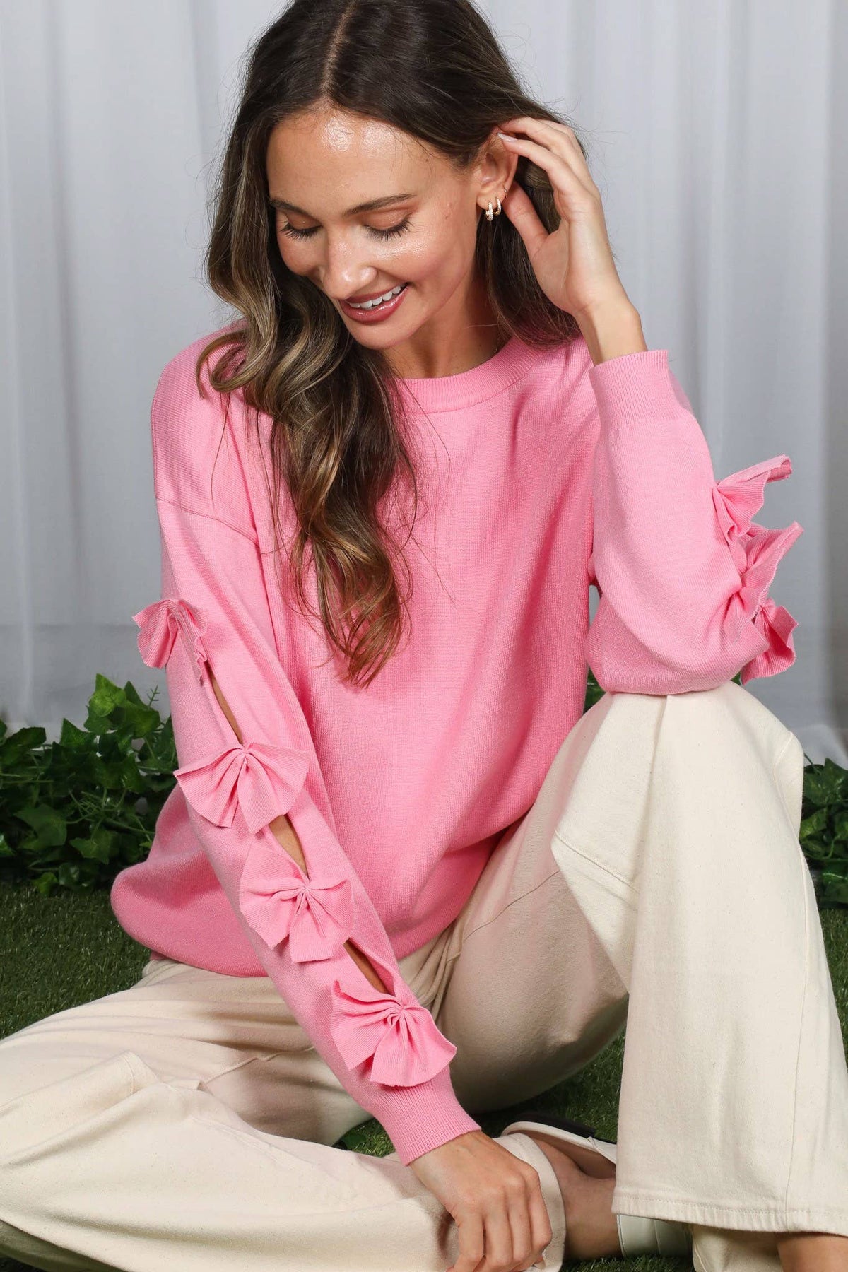 Bow Embellished Crew Neck Long-Sleeve Knit Sweater VT82605