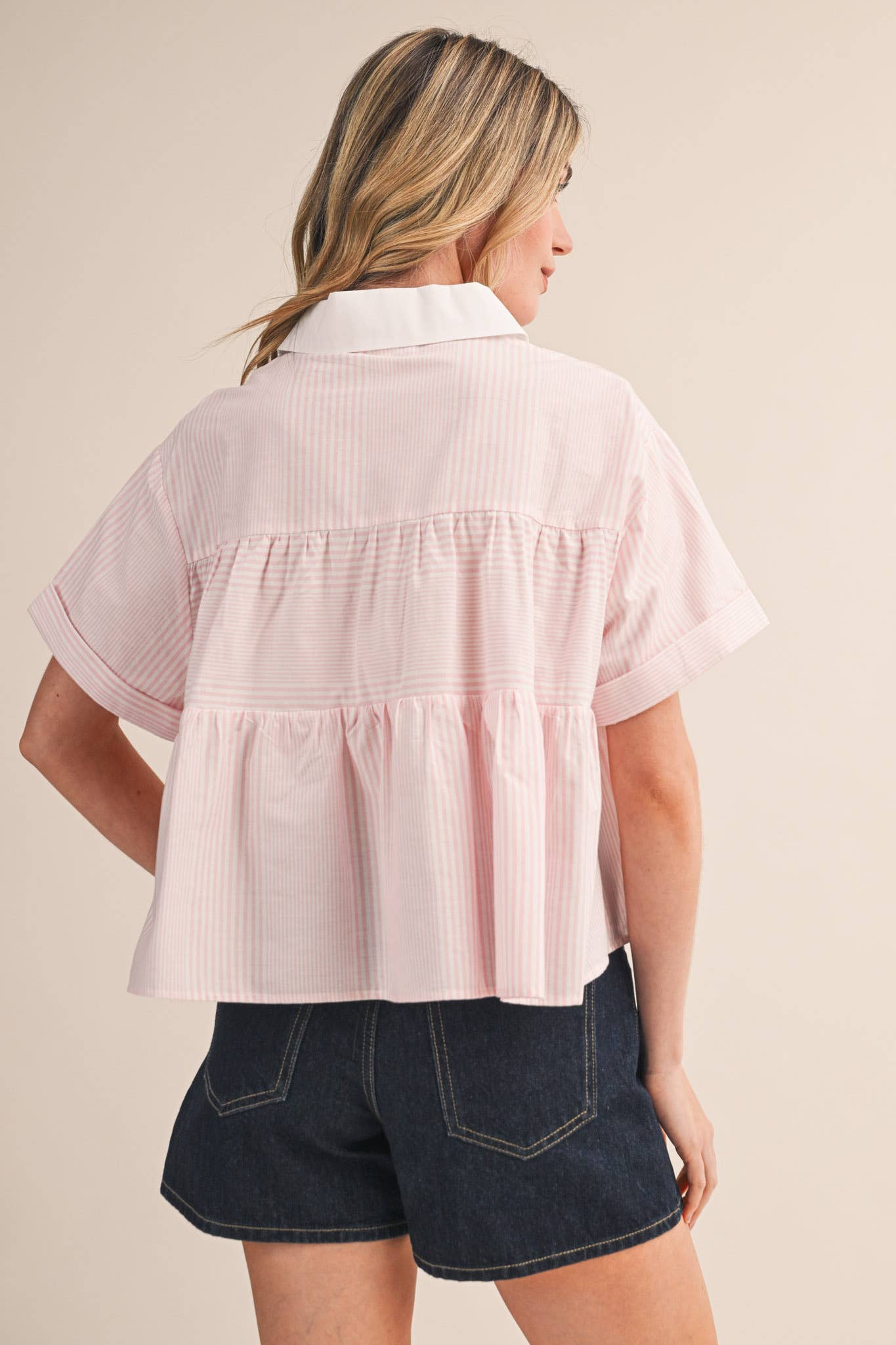 STRIPED HALF ZIP BABYDOLL TOP