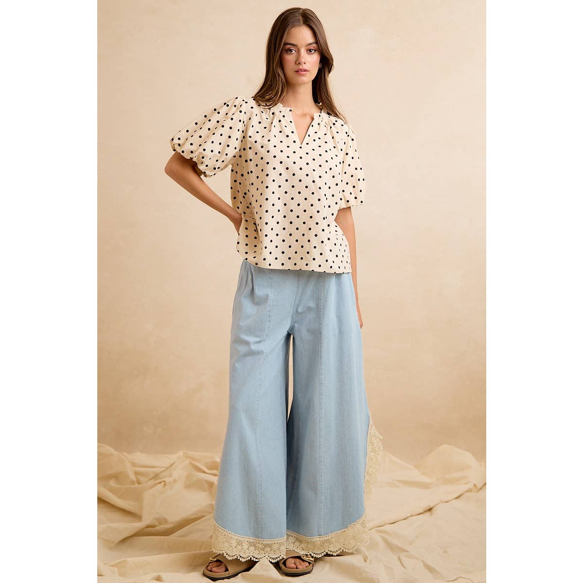 LINEN BLEND POLKA DOT PRINT BUBBLE SLEEVE BLOUSE TOP