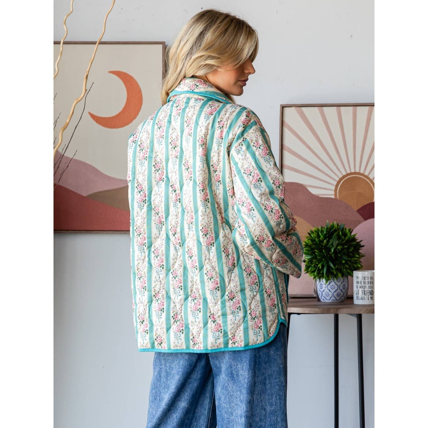 Quilted Stripe Flower Open Jacket
