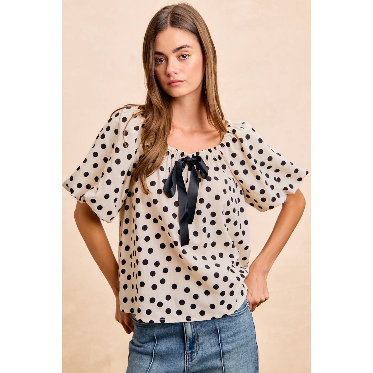 POLKA DOT BOW ELASTIC OPENING PUFF SLEEVES TOP