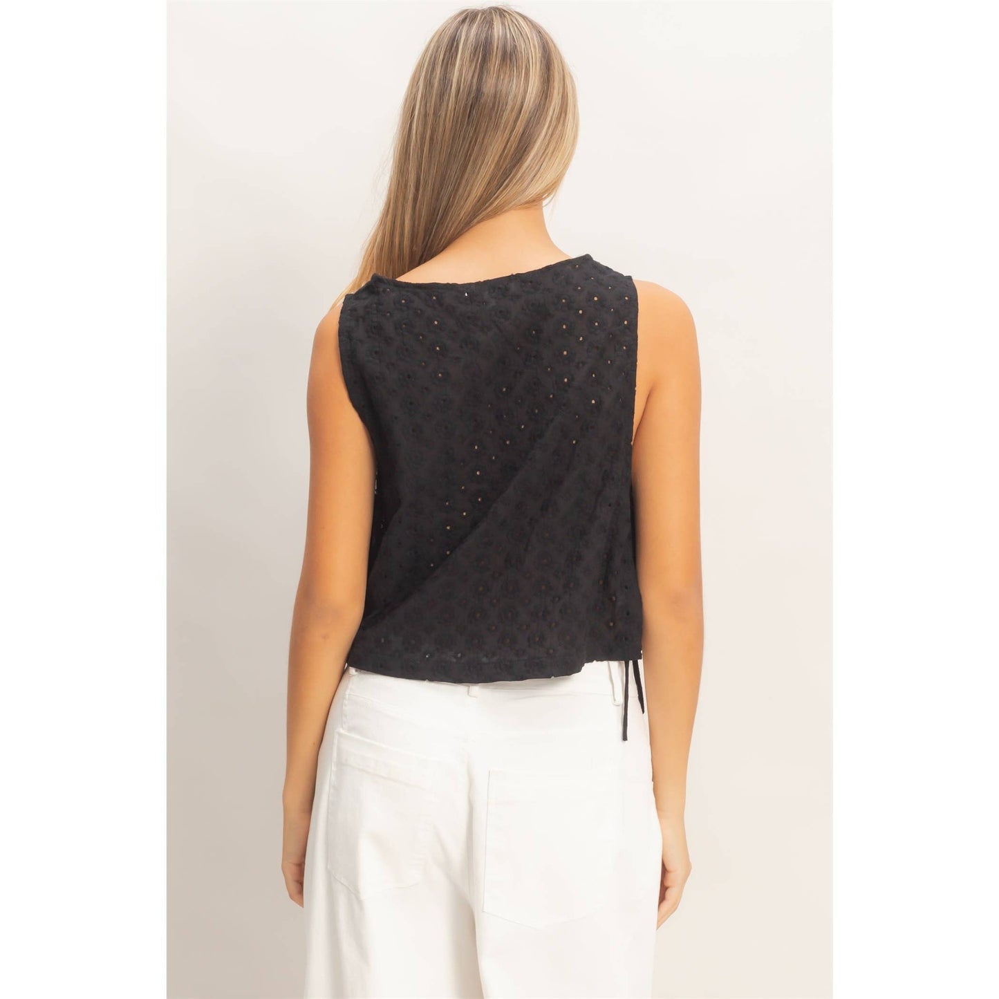 Sleeveless Textured Eyelet Top With Side Straps