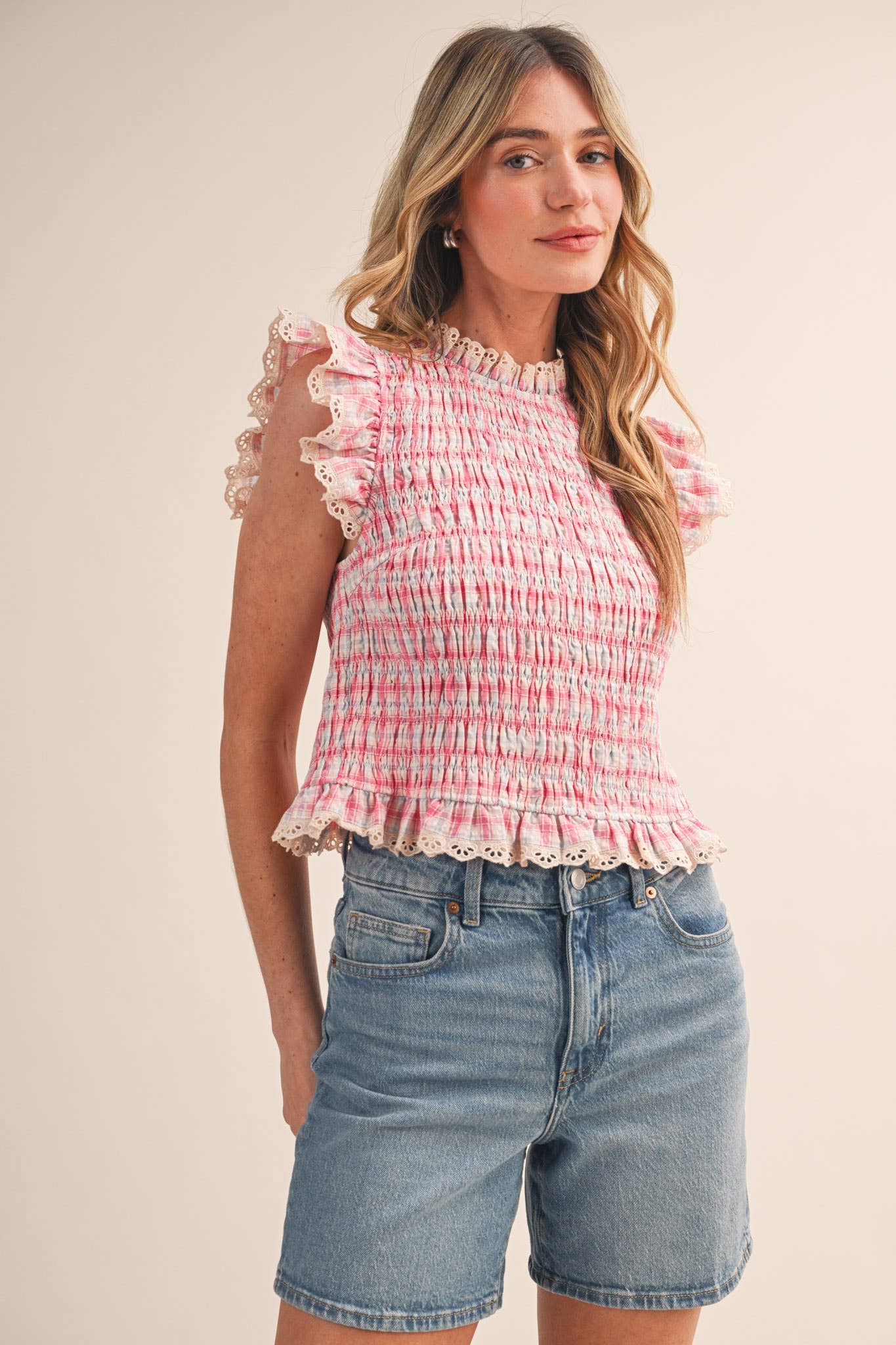 PLAID SMOCKED LACE TRIM TOP