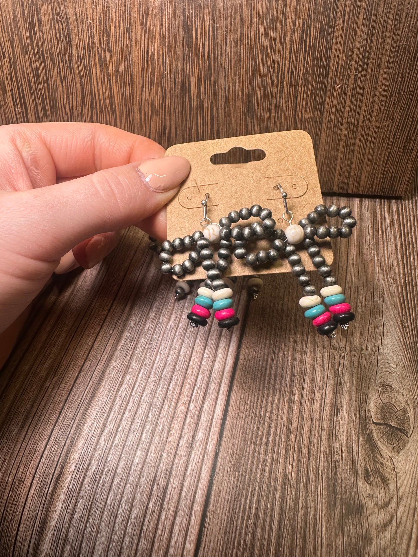 Navajo Style Pearl & Bead Bow Dangle Earrings