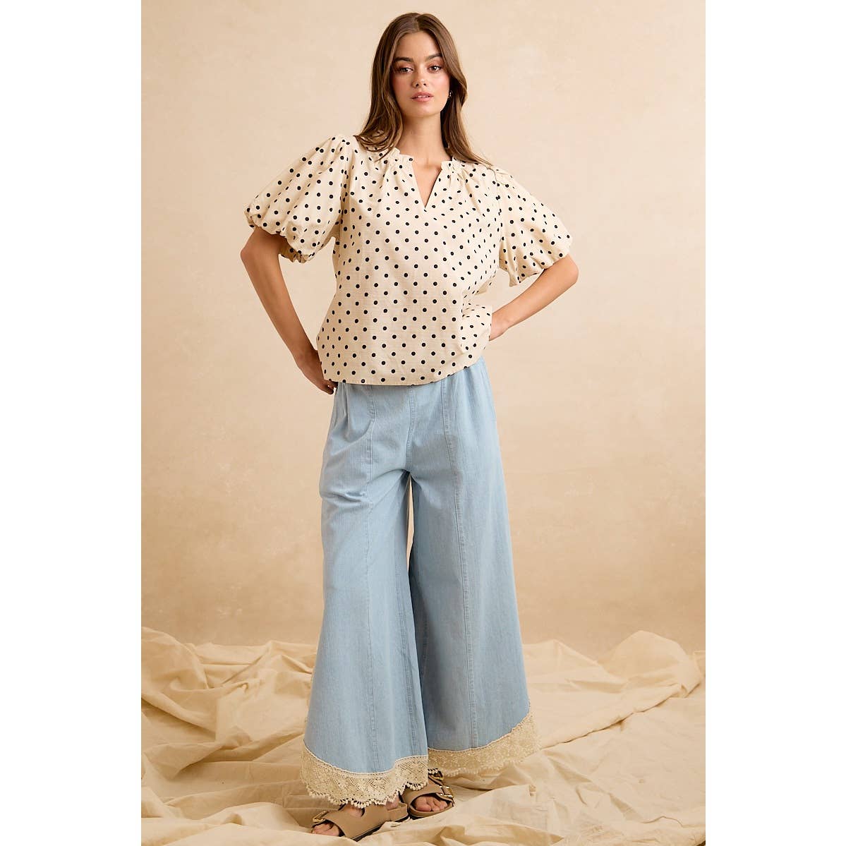 LINEN BLEND POLKA DOT PRINT BUBBLE SLEEVE BLOUSE TOP