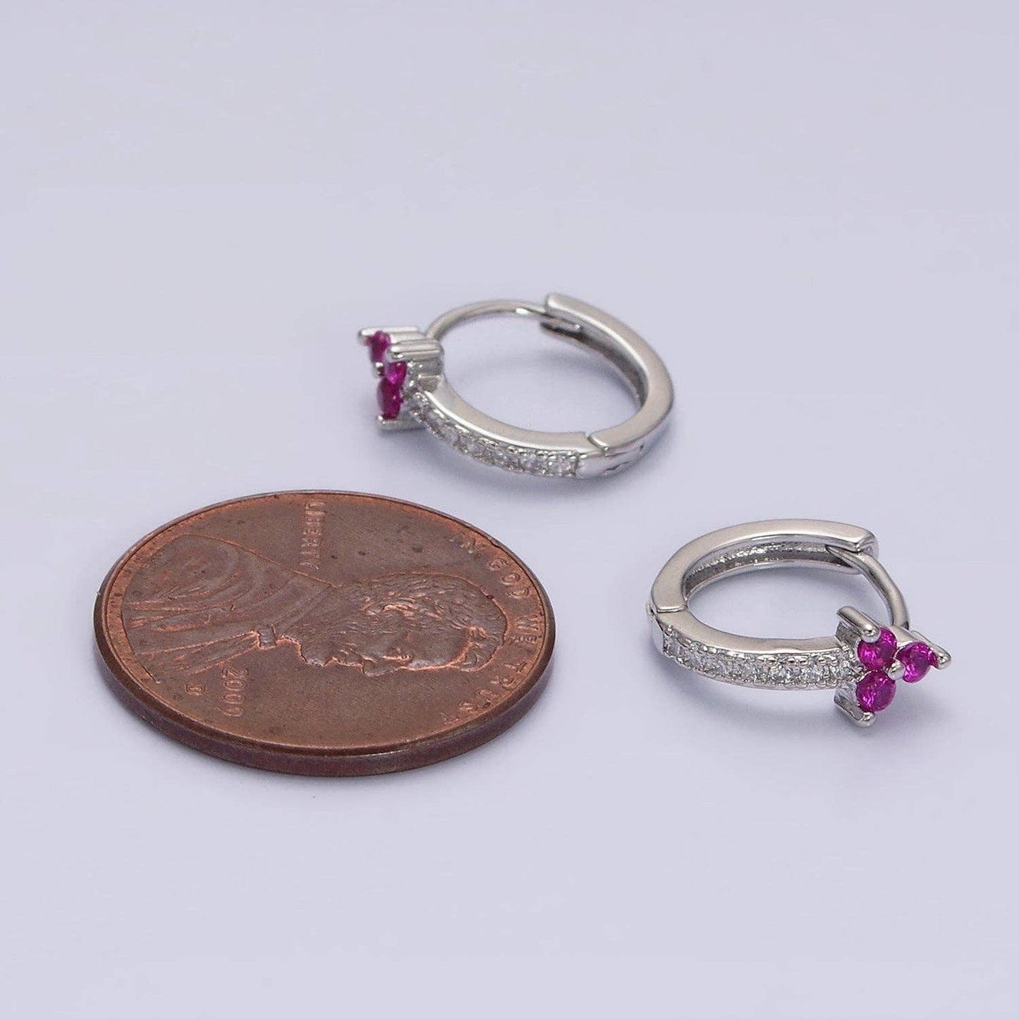 Fuchsia CZ Triple Flower Arrow Lined 11mm Huggie Earrings