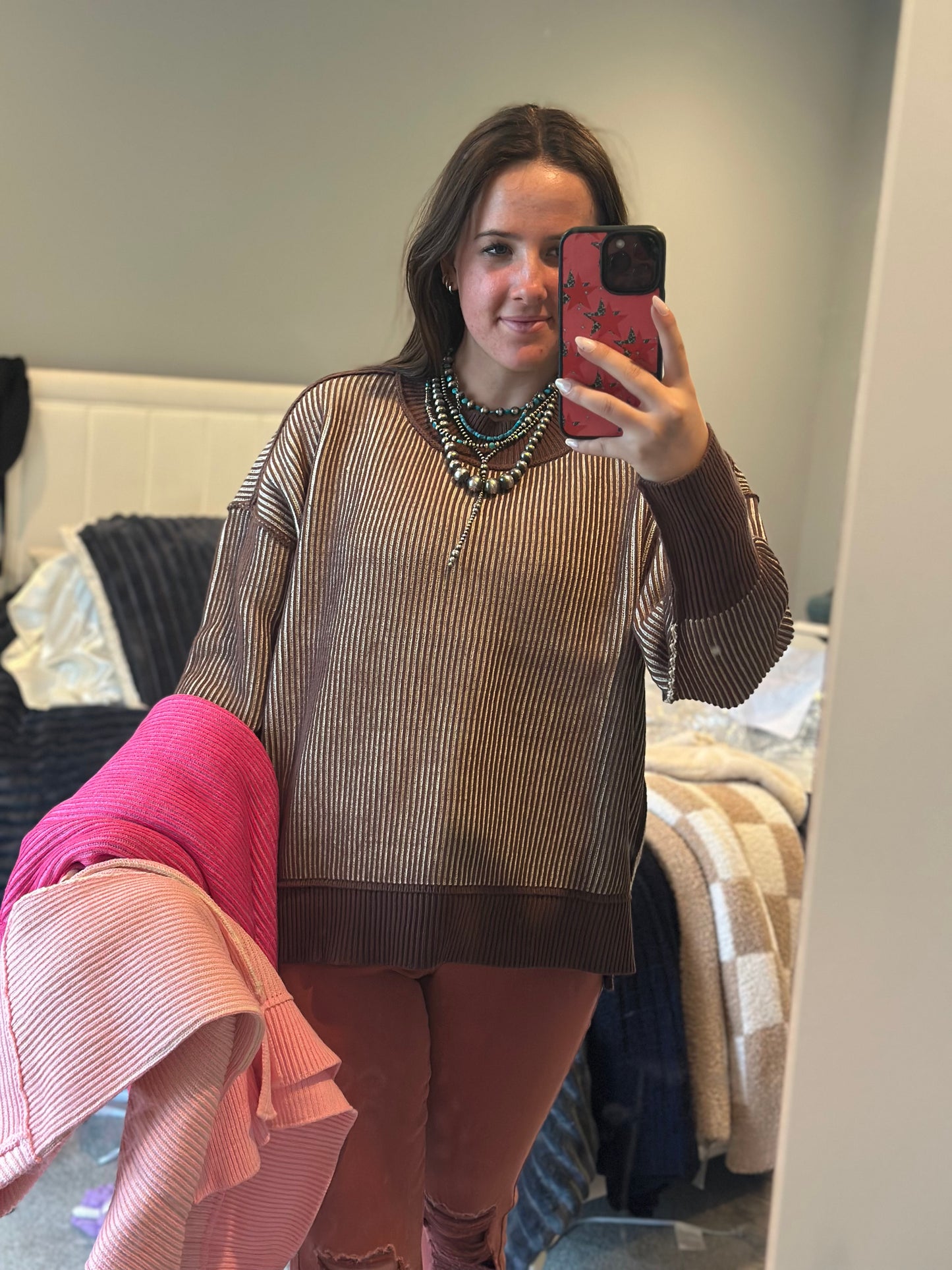 Exposed seam two tone sweater