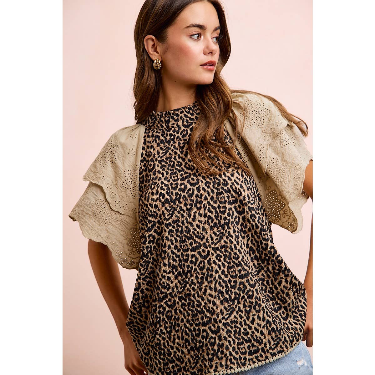 TEXTURED LEOPARD PRINTED LACE SLEEVE BLOUSE TOP