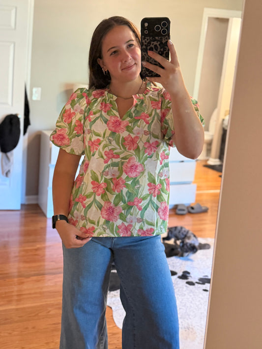 FLOWER PRINTED WOVEN RUFFLED V NECK TOP