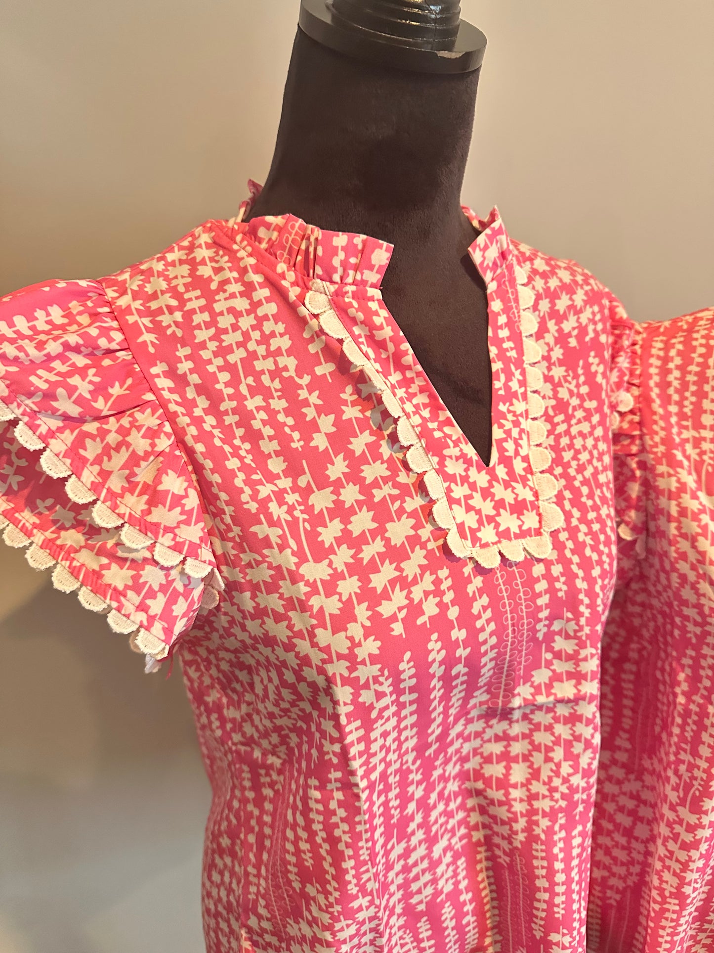 Pink Abstract Print Ric Rac Trim Flutter Sleeve Notch V Neck Blouse