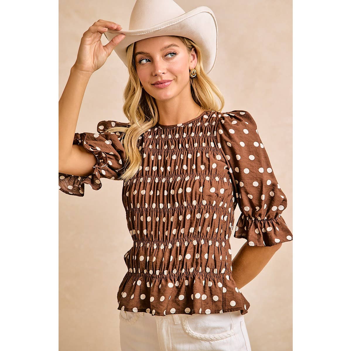 POLKA DOT PRINTED WOVEN SHIRRED BODY TOP