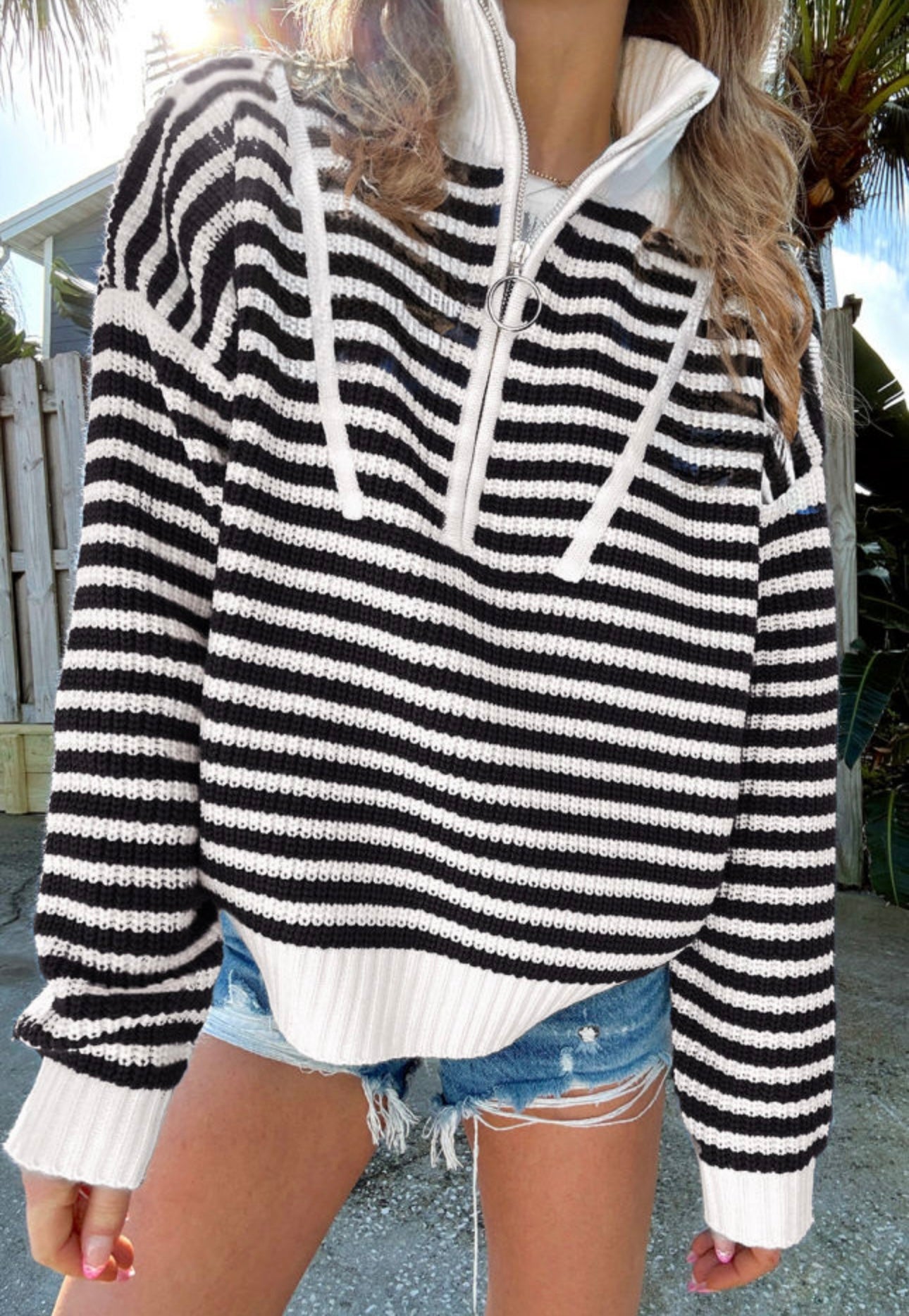 Stripped quarter zip sweater *2COLORS