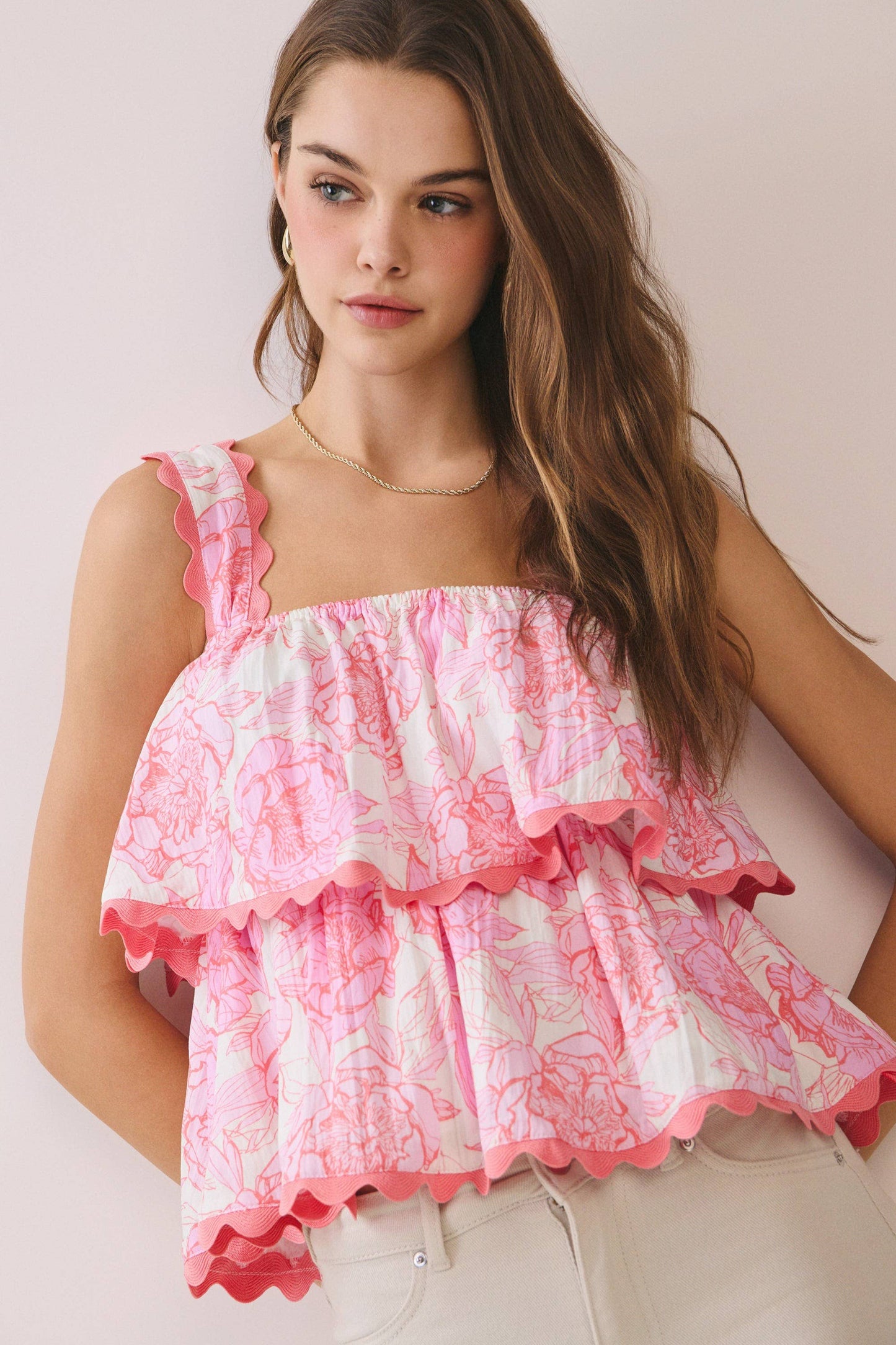 Floral Scalloped Trim Tiered Ruffle Strap Top