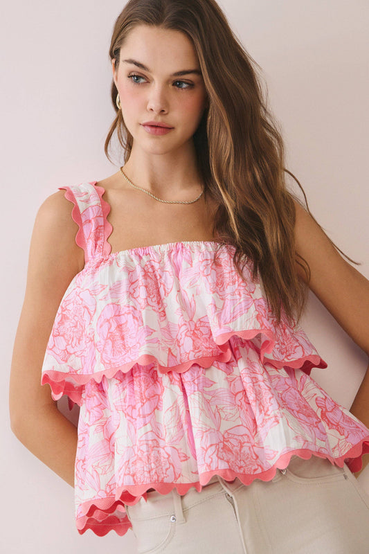 Floral Scalloped Trim Tiered Ruffle Strap Top
