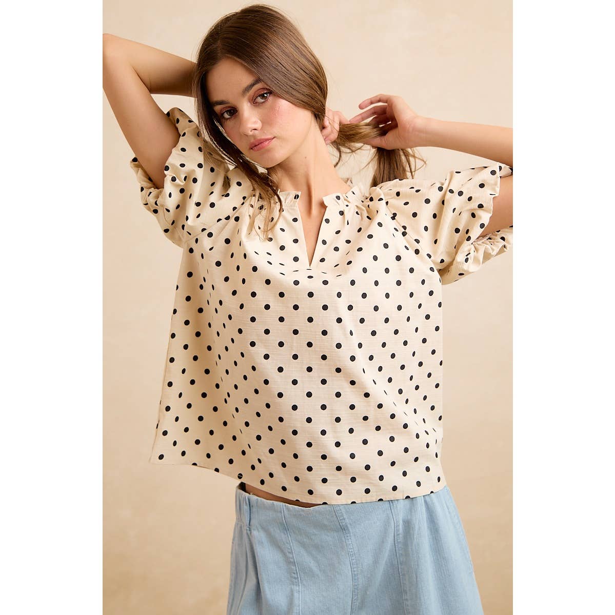 LINEN BLEND POLKA DOT PRINT BUBBLE SLEEVE BLOUSE TOP