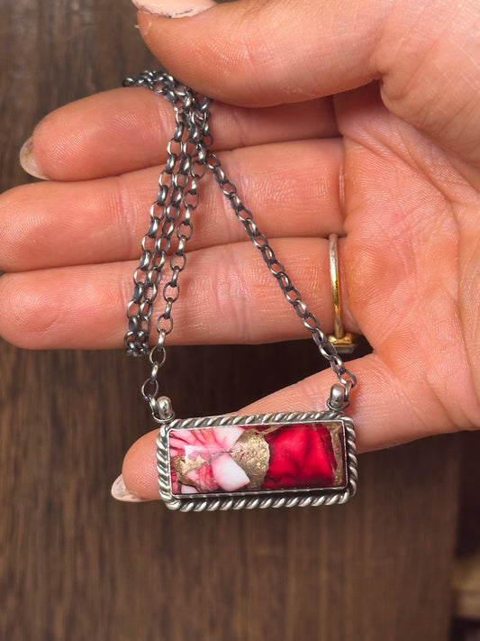 Navajo Rose Dahlia & Sterling Silver Bar Necklace