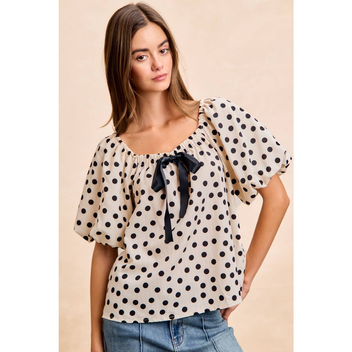 POLKA DOT BOW ELASTIC OPENING PUFF SLEEVES TOP