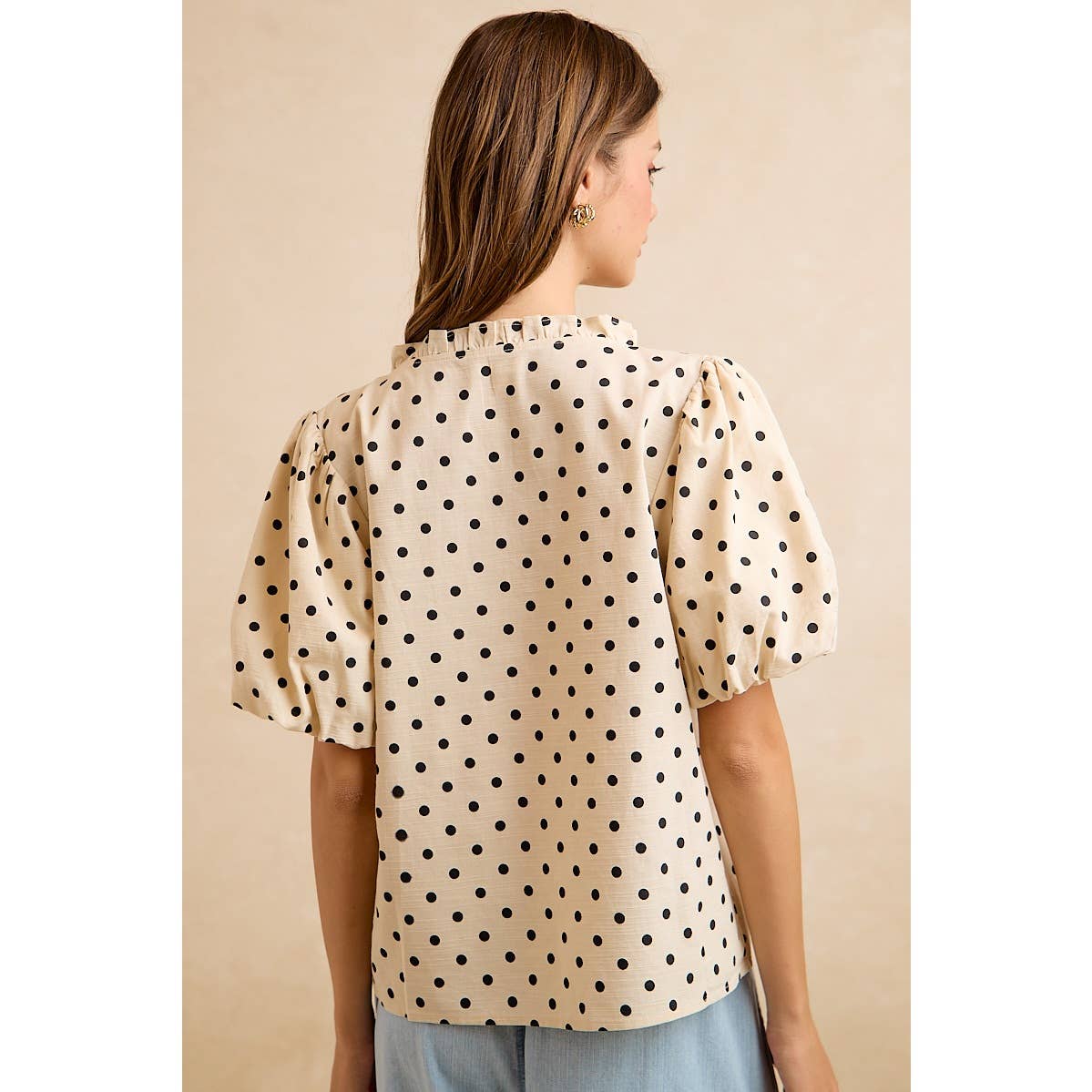 LINEN BLEND POLKA DOT PRINT BUBBLE SLEEVE BLOUSE TOP