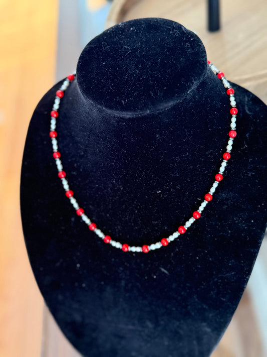 Red coral x freshwater pearl necklace
