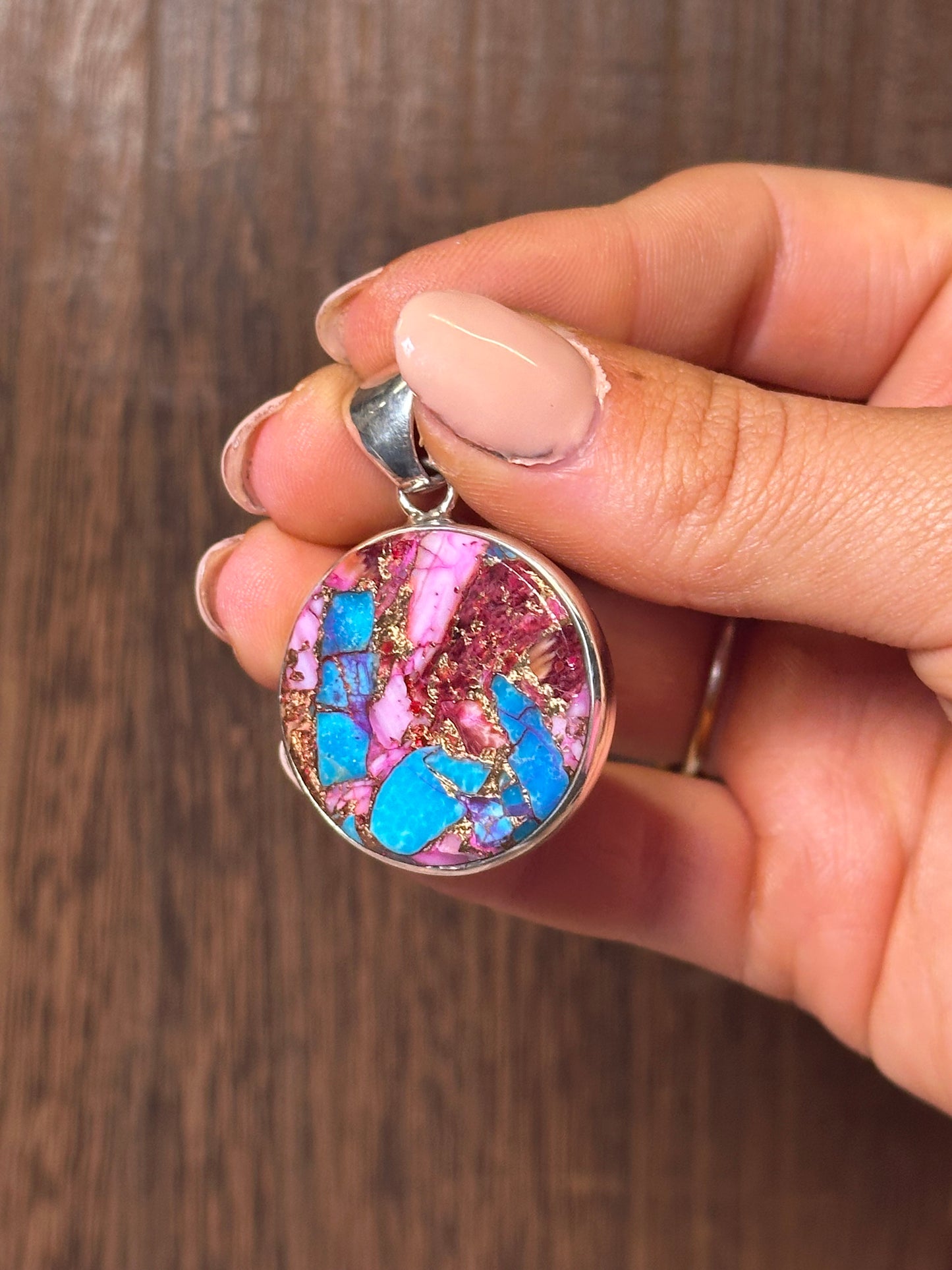 Navajo Sterling Silver & Pink Dream Circle Pendant